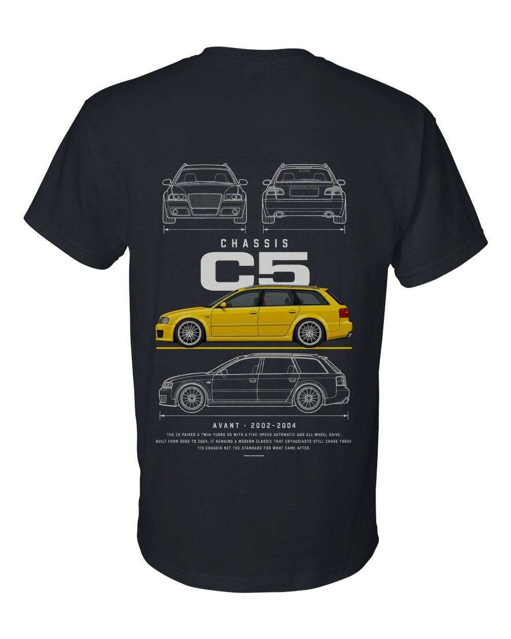 C5 full-back artwork black t-shirt back view with the design