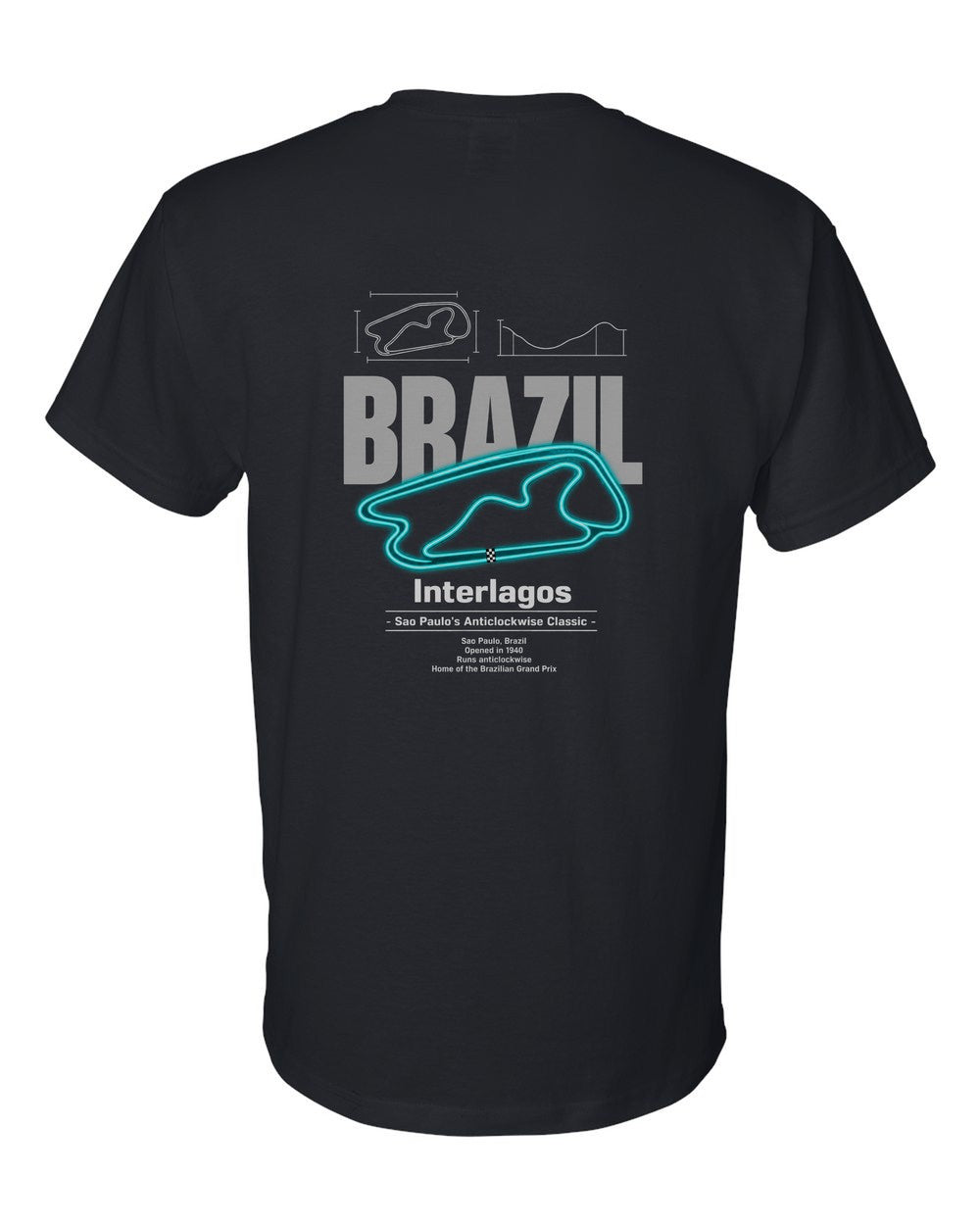 Interlagos black t-shirt back view with the design