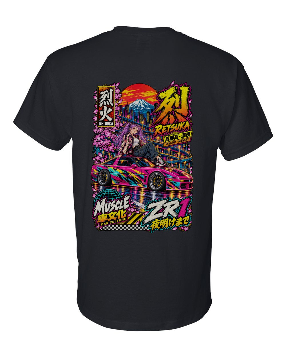 RETSUKA ZR1 full-back artwork black t-shirt back view with the design