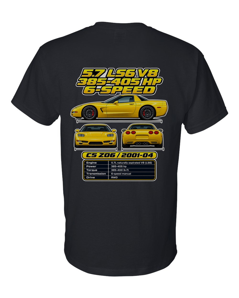 Chevrolet Corvette C5 Z06 spec sheet black t-shirt back view with the design