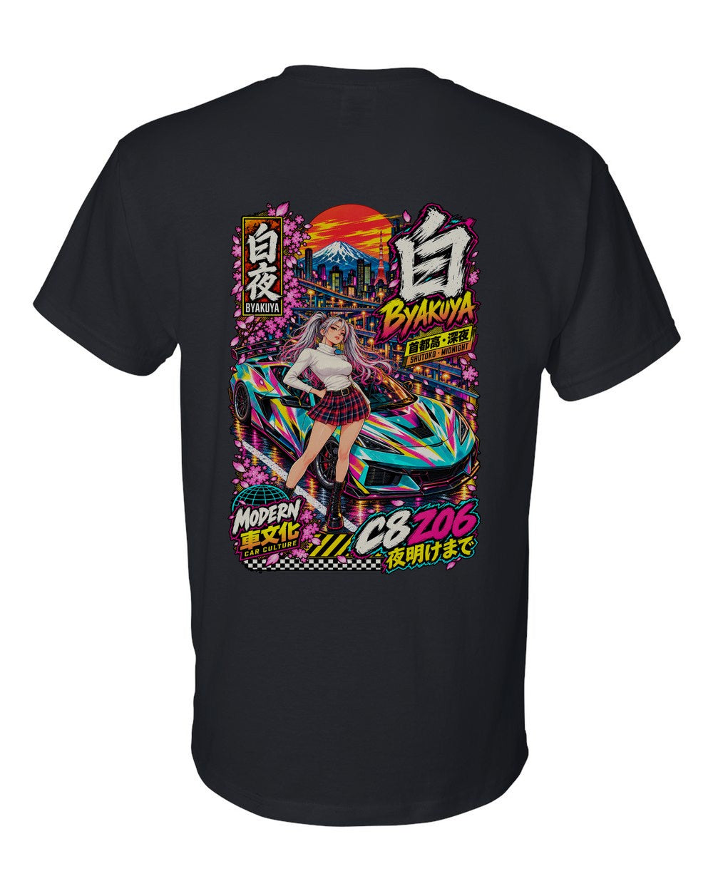 BYAKUYA C8 Z06 full-back artwork black t-shirt back view with the design