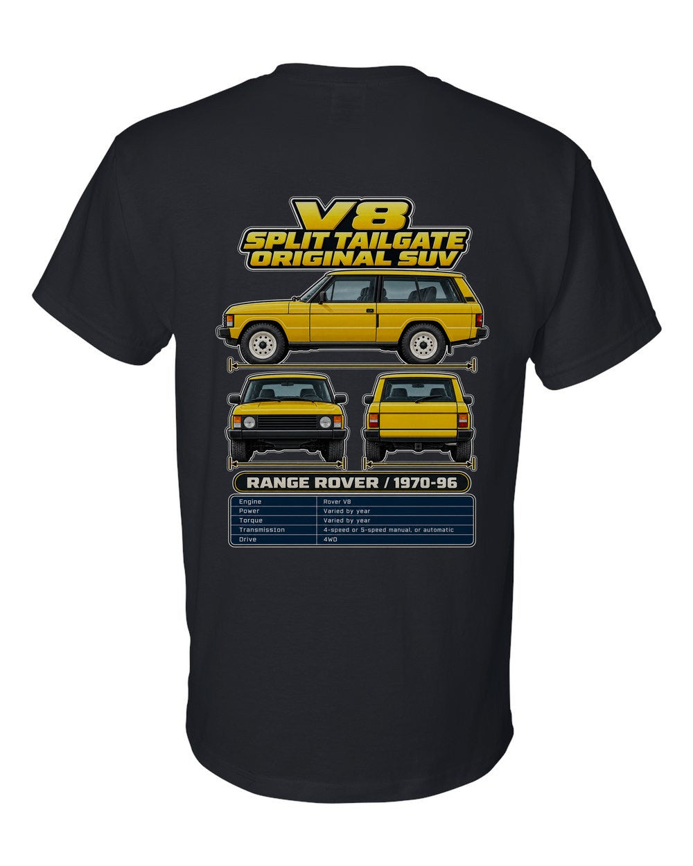 Range Rover Classic spec sheet black t-shirt back view with the design