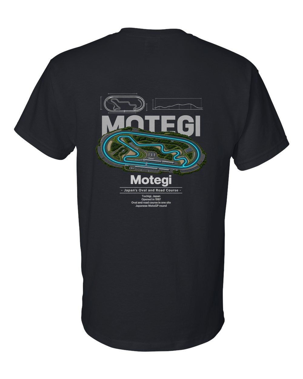 Motegi black t-shirt back view with the design