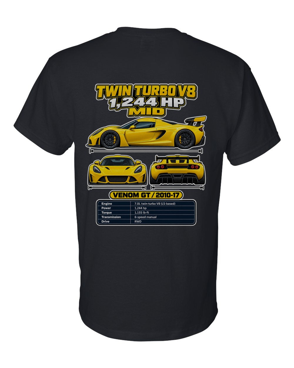 Hennessey Venom Gt spec sheet black t-shirt back view with the design