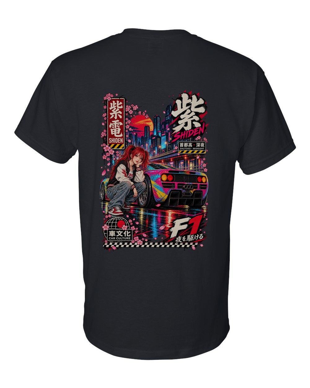 SHIDEN F1 full-back artwork black t-shirt back view with the design