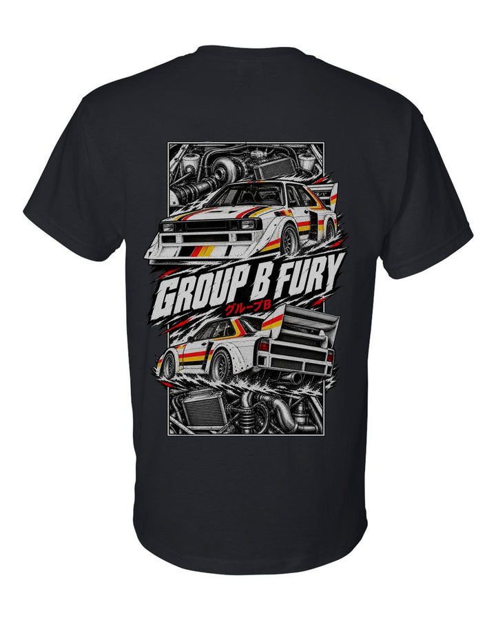 Audi Sport Quattro S1 torn poster black t-shirt back view with the design