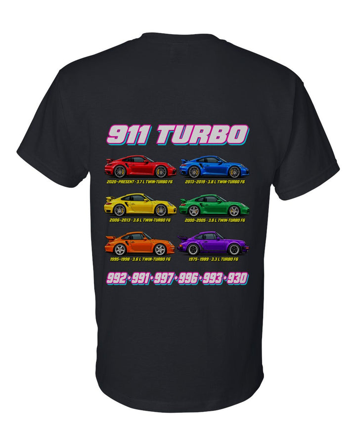 Porsche 911 Turbo evolution poster black t-shirt back view with the design