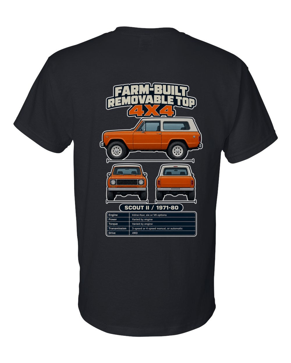 International Scout Ii spec sheet black t-shirt back view with the design