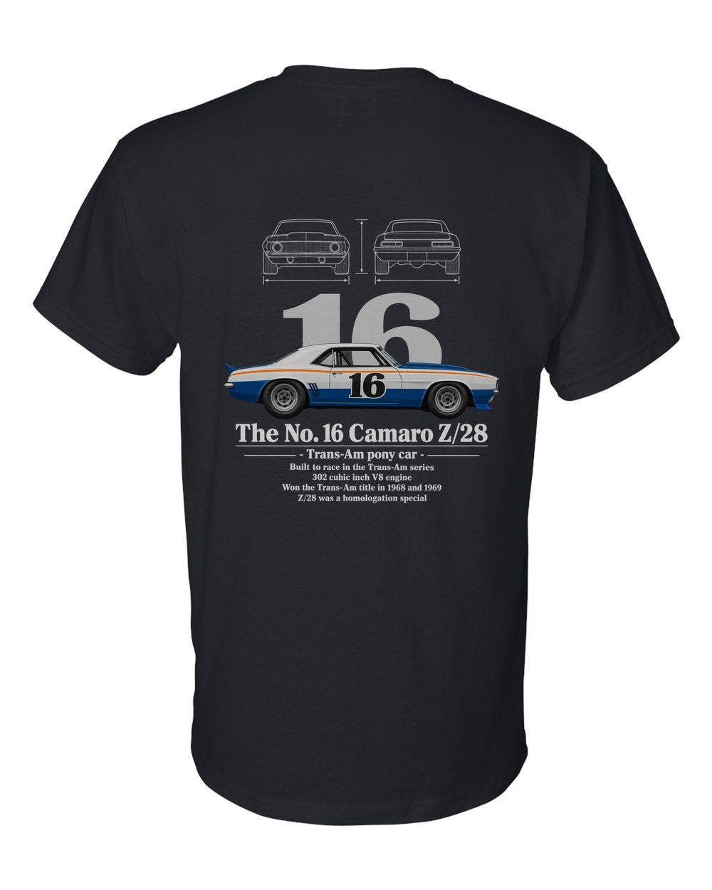 No. 16 Camaro Z/28 black t-shirt back view with the design