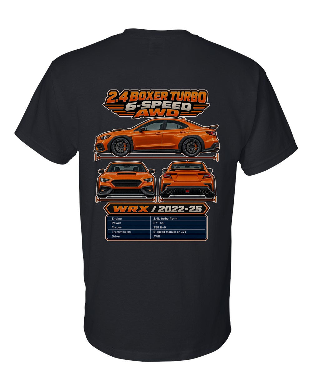 Subaru Wrx Vb spec sheet black t-shirt back view with the design