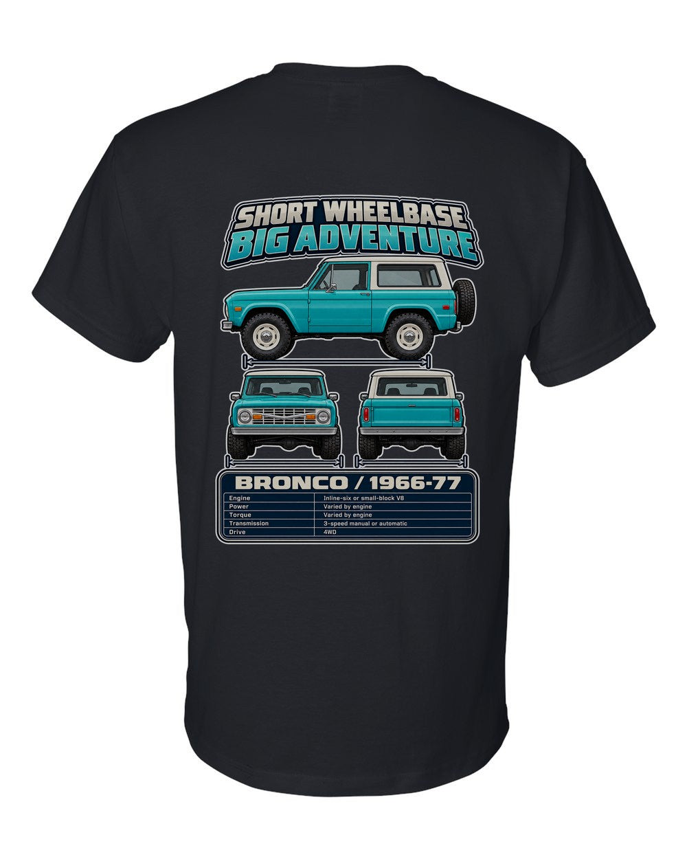 Ford Early Bronco spec sheet black t-shirt back view with the design