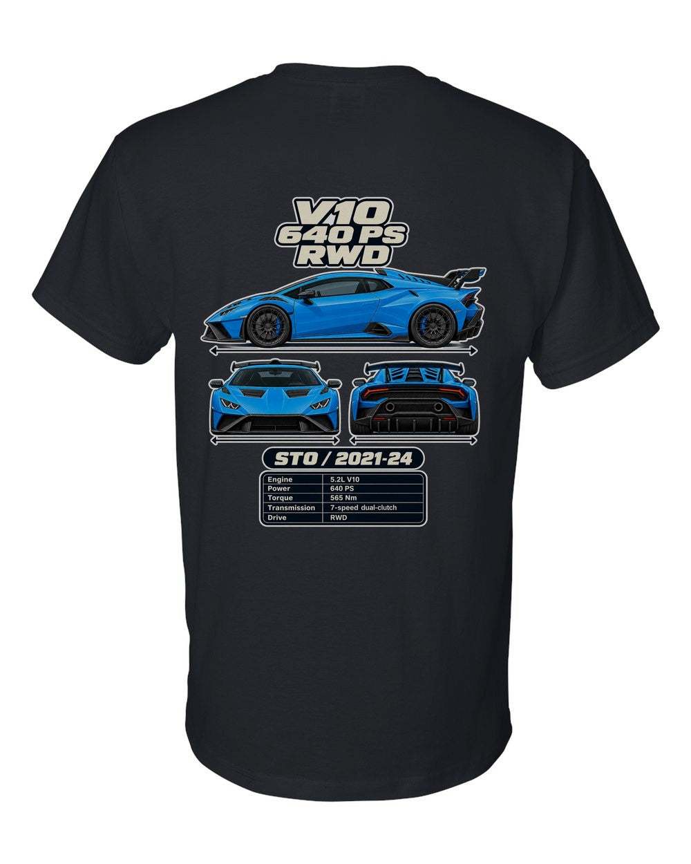 Lamborghini Huracan Sto spec sheet black t-shirt back view with the design