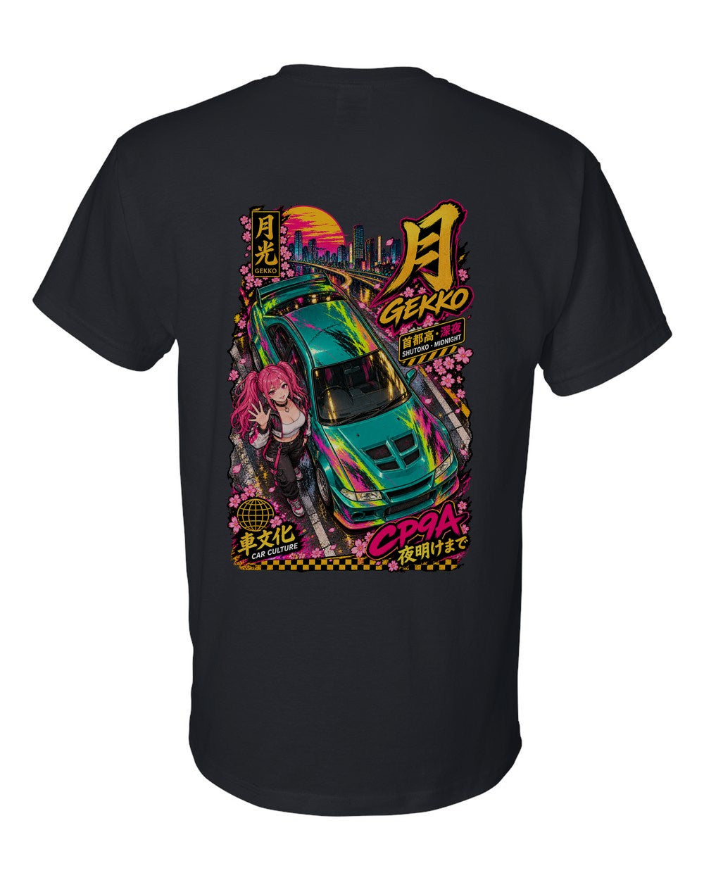 GEKKO CP9A full-back artwork black t-shirt back view with the design