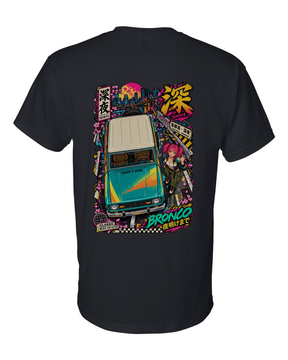 SHINYA BRONCO full-back artwork black t-shirt back view with the design