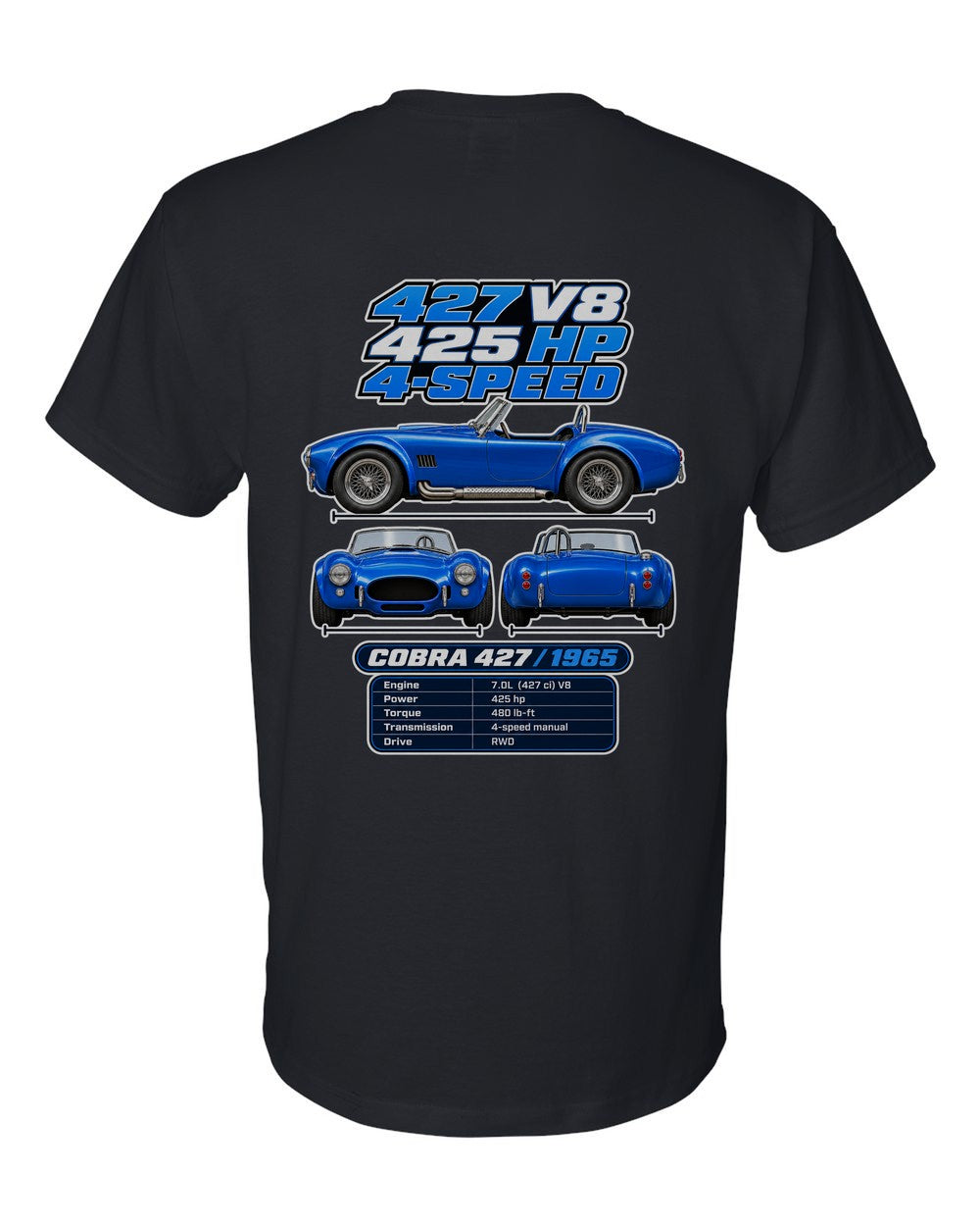Shelby Cobra 427 spec sheet black t-shirt back view with the design