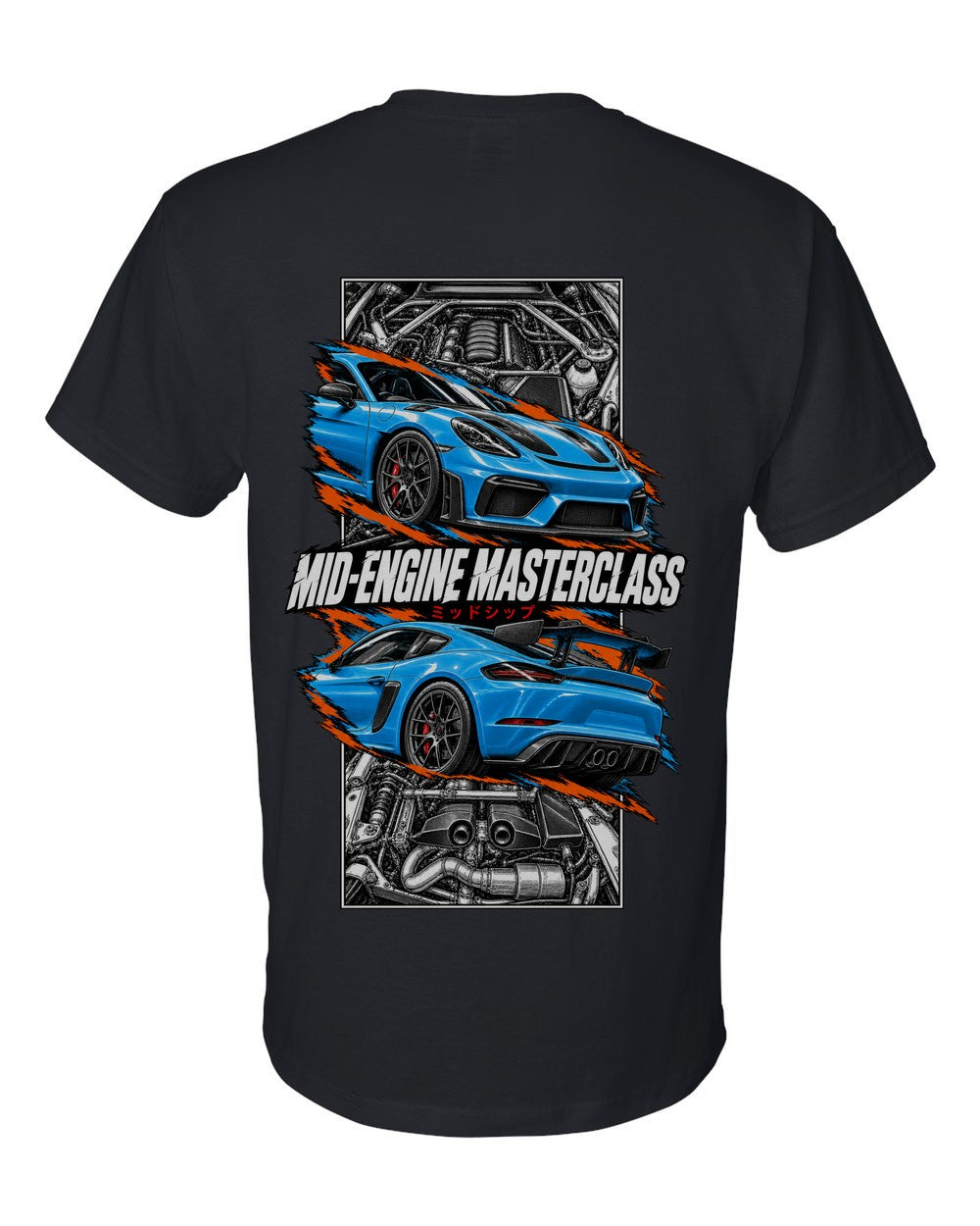 Porsche 718 Gt4 torn poster black t-shirt back view with the design