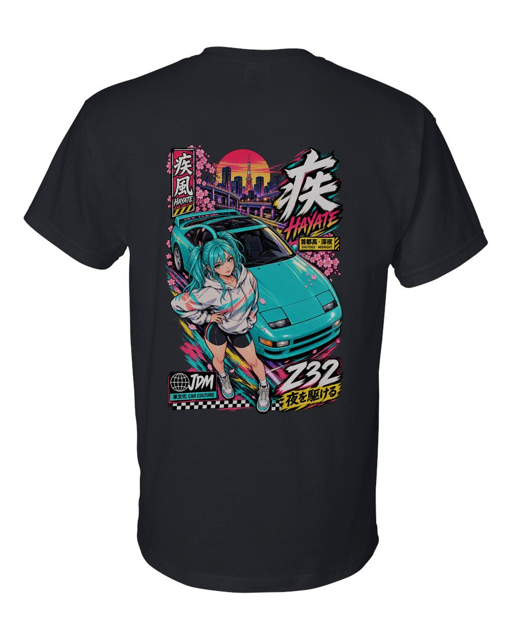 HAYATE Z32 full-back artwork black t-shirt back view with the design