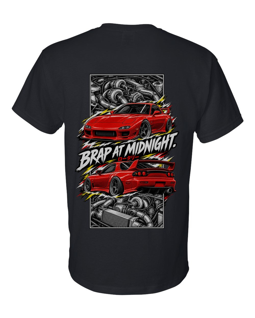 Mazda RX-7 Fd3S torn poster black t-shirt back view with the design
