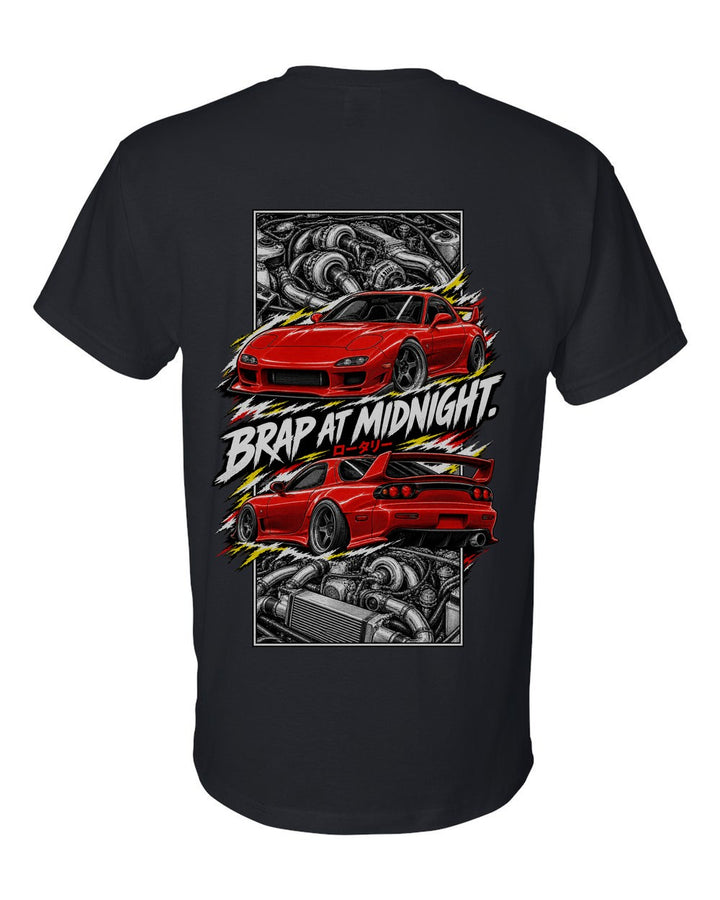 Mazda RX-7 Fd3S torn poster black t-shirt back view with the design