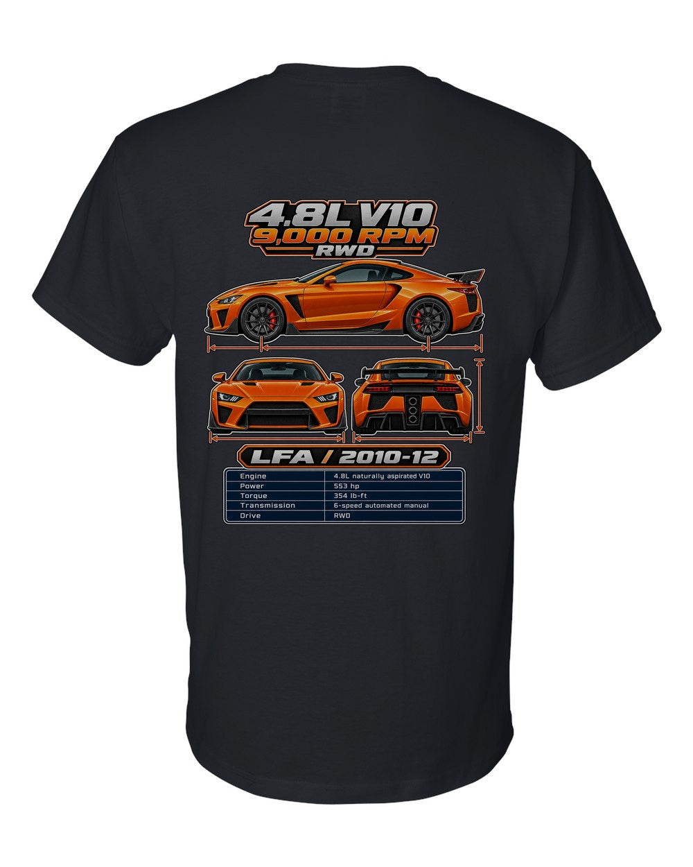 Lexus Lfa spec sheet black t-shirt back view with the design