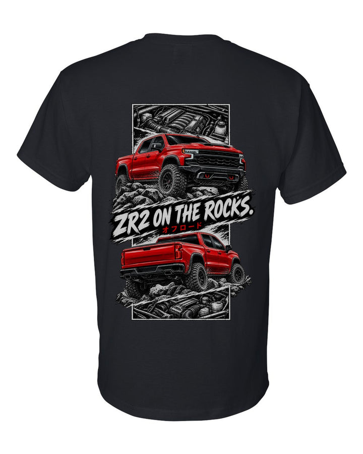 Chevy Silverado Zr2 torn poster black t-shirt back view with the design