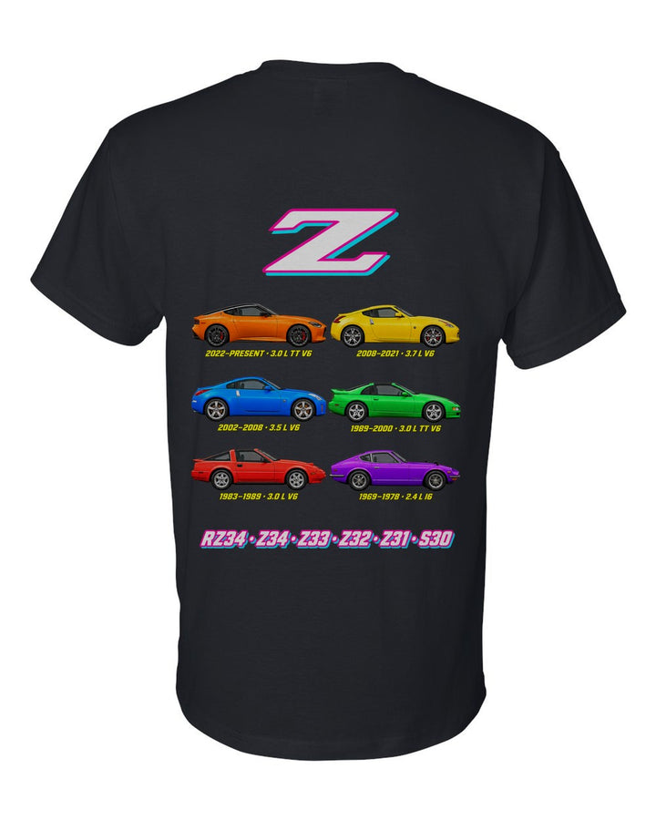 Nissan Z evolution poster black t-shirt back view with the design