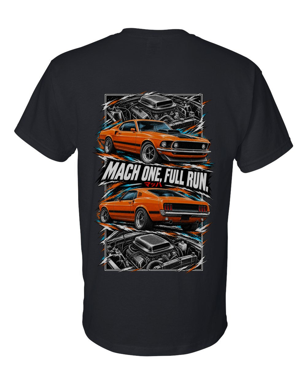 Ford Mustang Mach 1 torn poster black t-shirt back view with the design