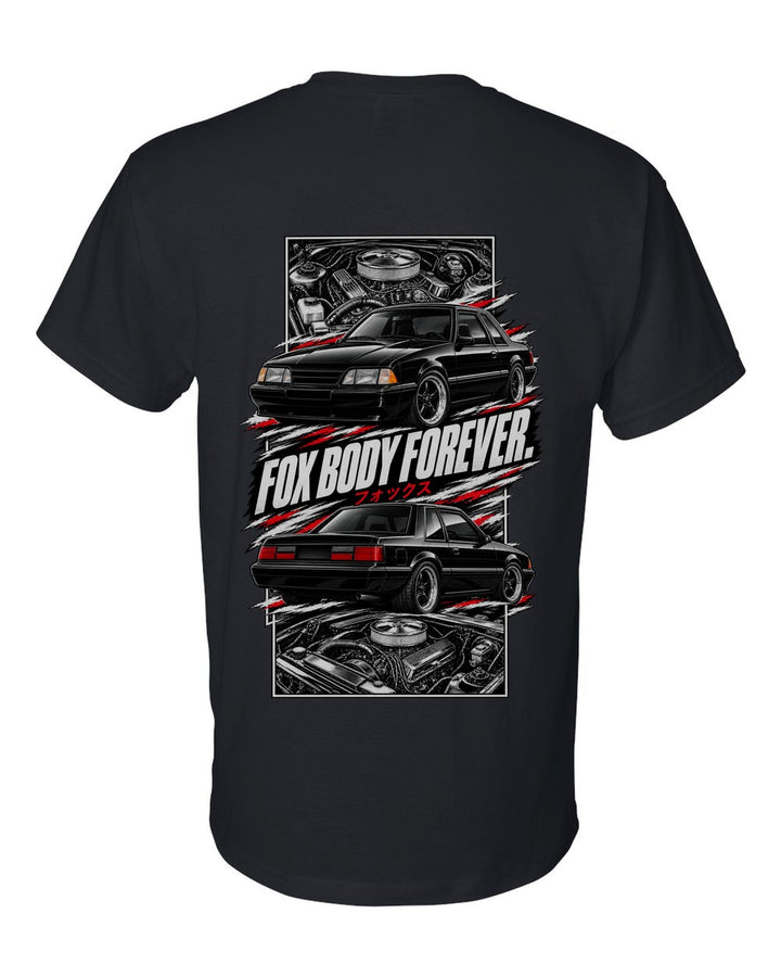 Ford Mustang Fox Body torn poster black t-shirt back view with the design