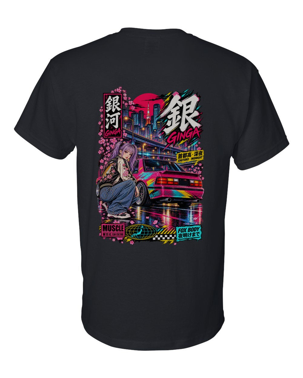 GINGA FOX BODY full-back artwork black t-shirt back view with the design