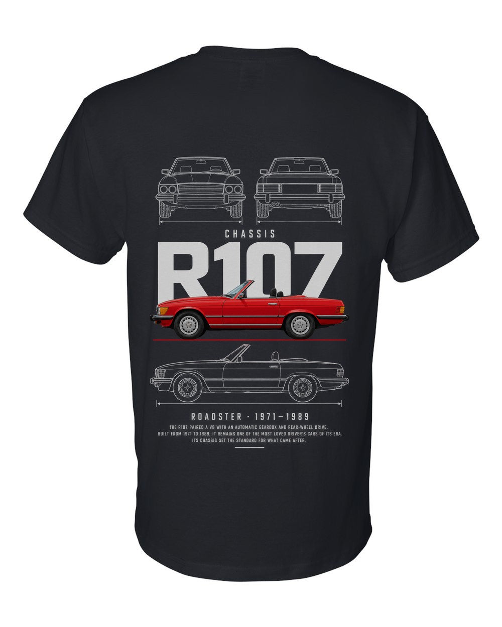 R107 full-back artwork black t-shirt back view with the design