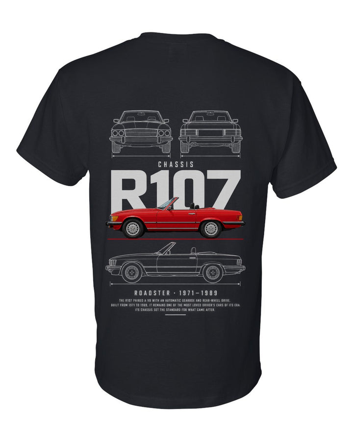 R107 full-back artwork black t-shirt back view with the design