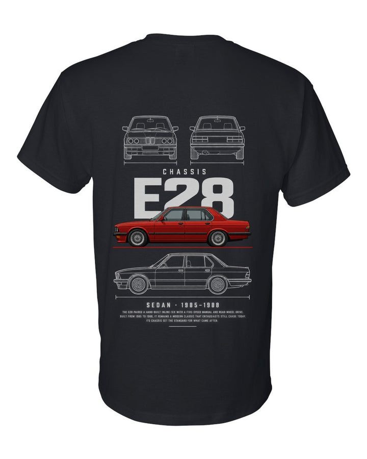 E28 full-back artwork black t-shirt back view with the design