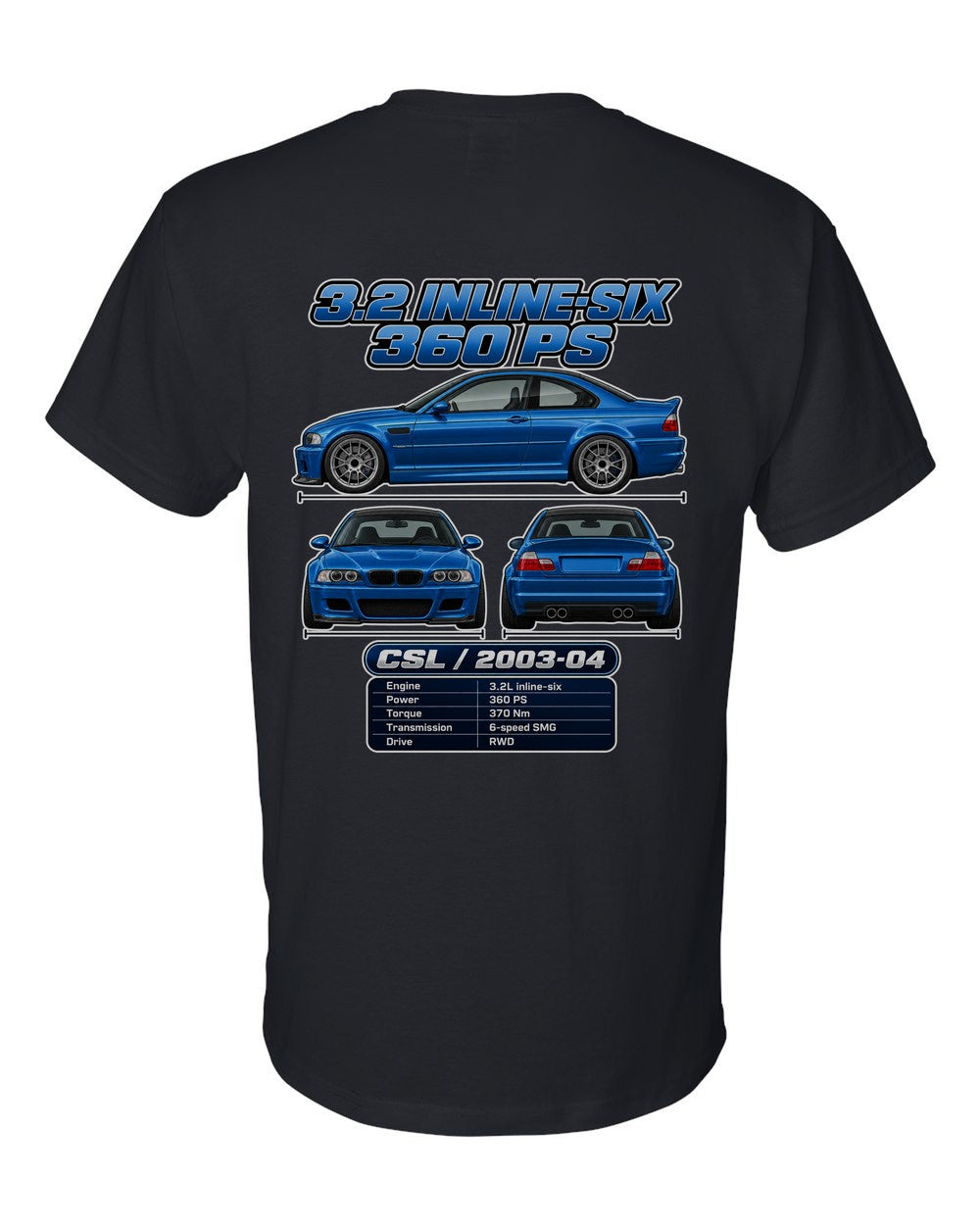 BMW M3 Csl E46 spec sheet black t-shirt back view with the design