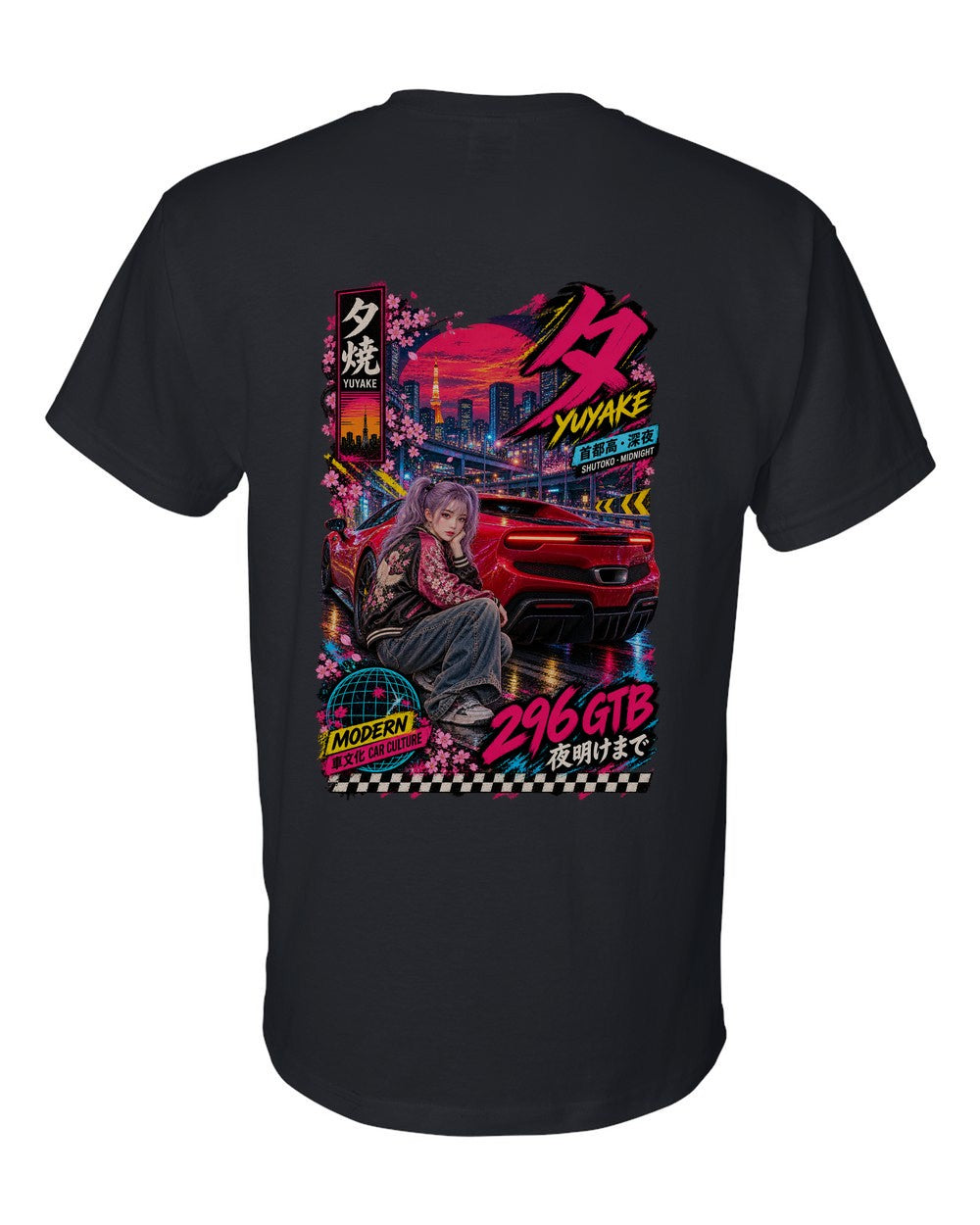 YUYAKE 296 GTB full-back artwork black t-shirt back view with the design