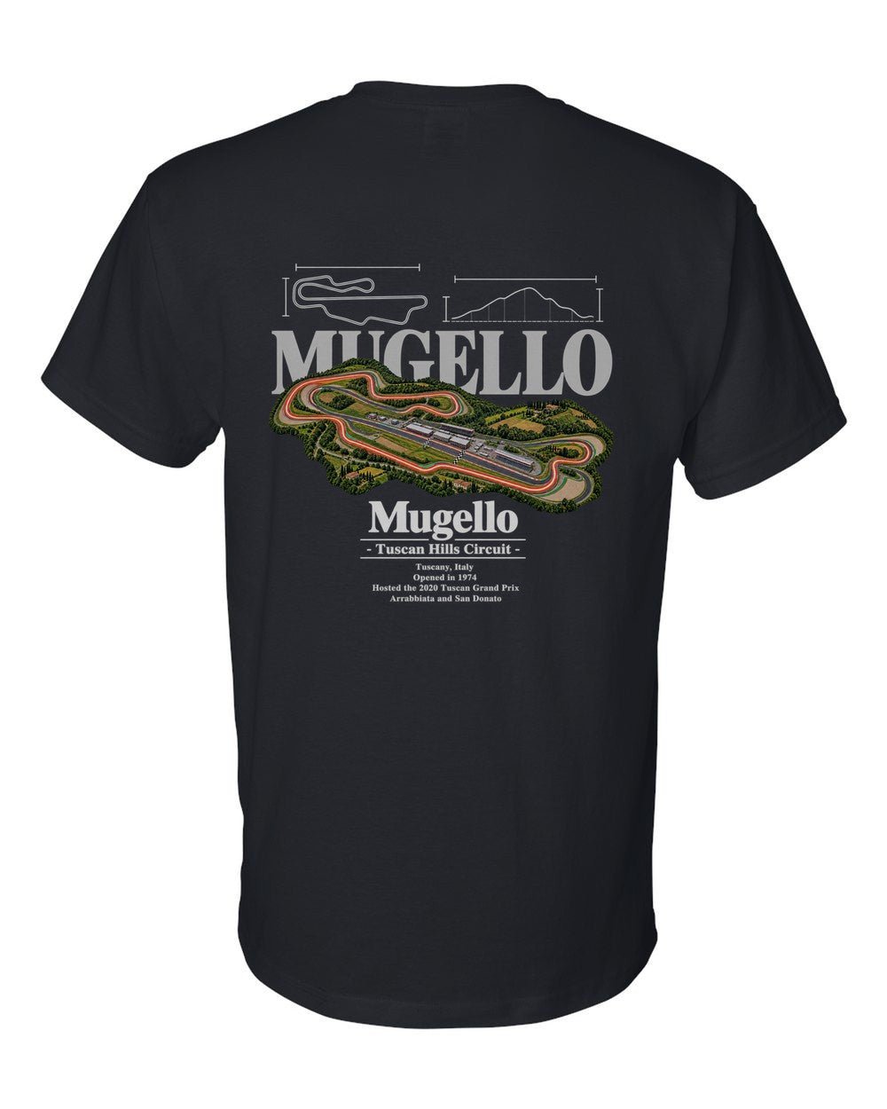 Mugello black t-shirt back view with the design