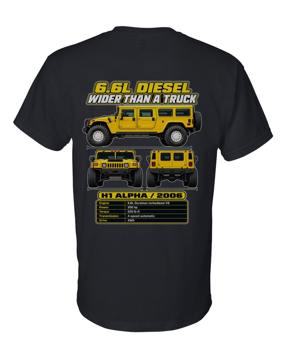Hummer H1 Alpha spec sheet black t-shirt back view with the design