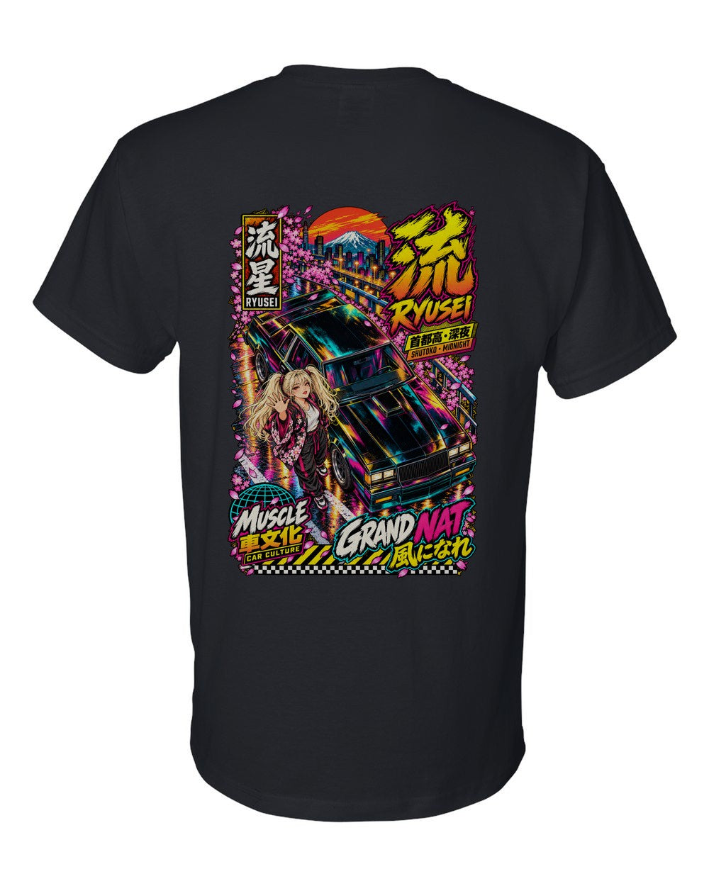 RYUSEI GRAND NAT full-back artwork black t-shirt back view with the design