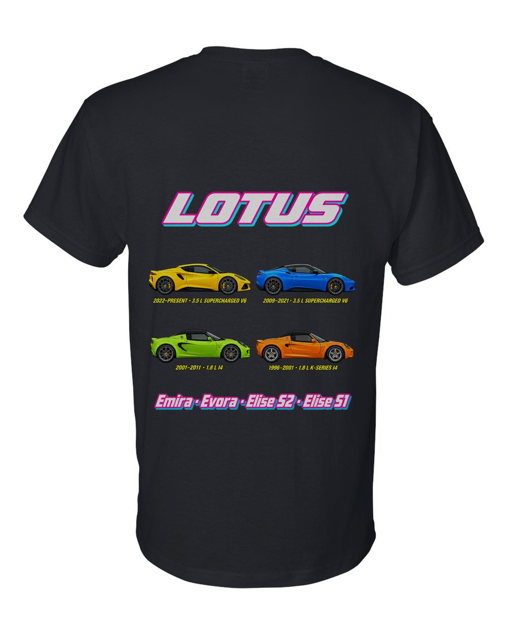 Lotus evolution poster black t-shirt back view with the design