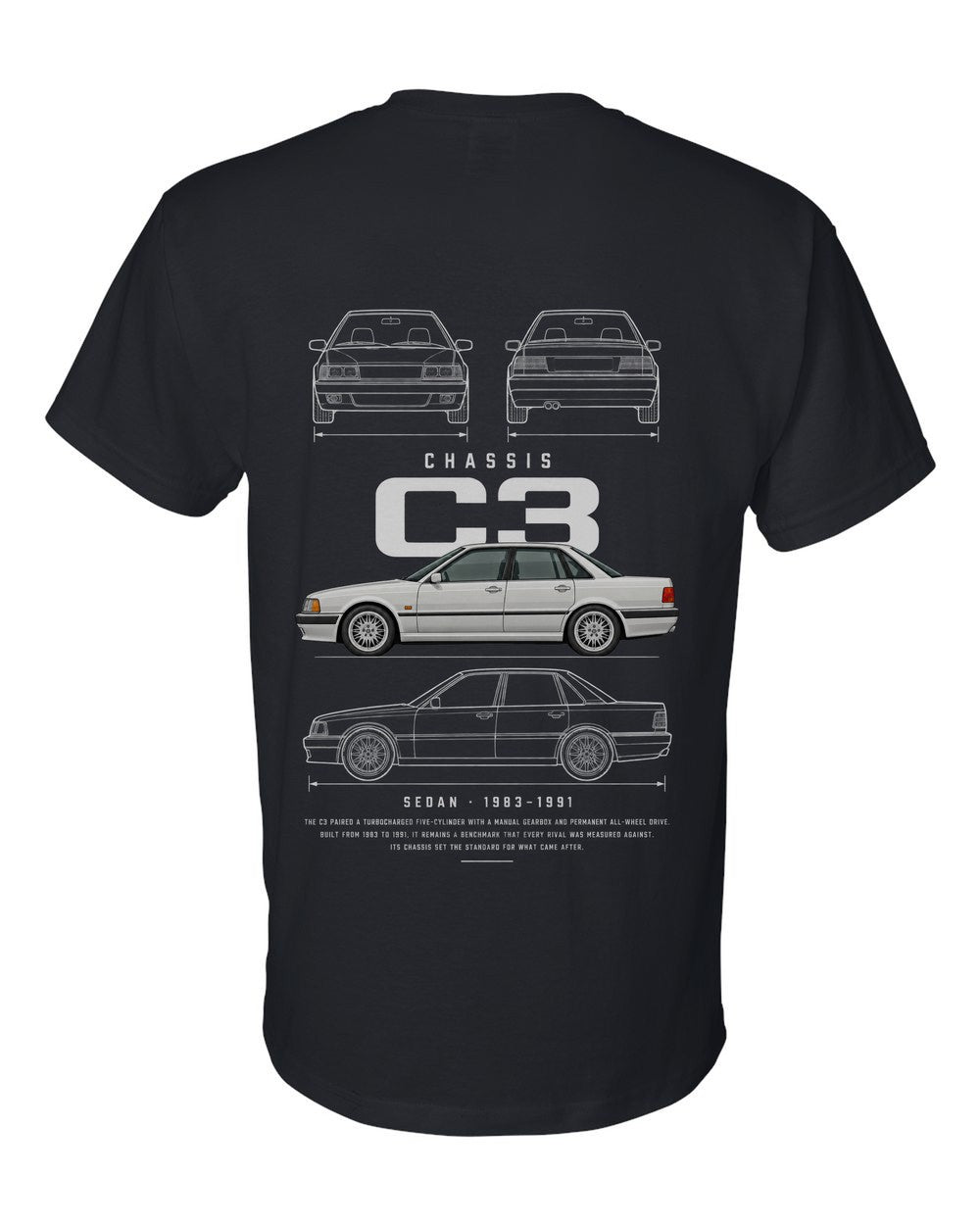 C3 full-back artwork black t-shirt back view with the design