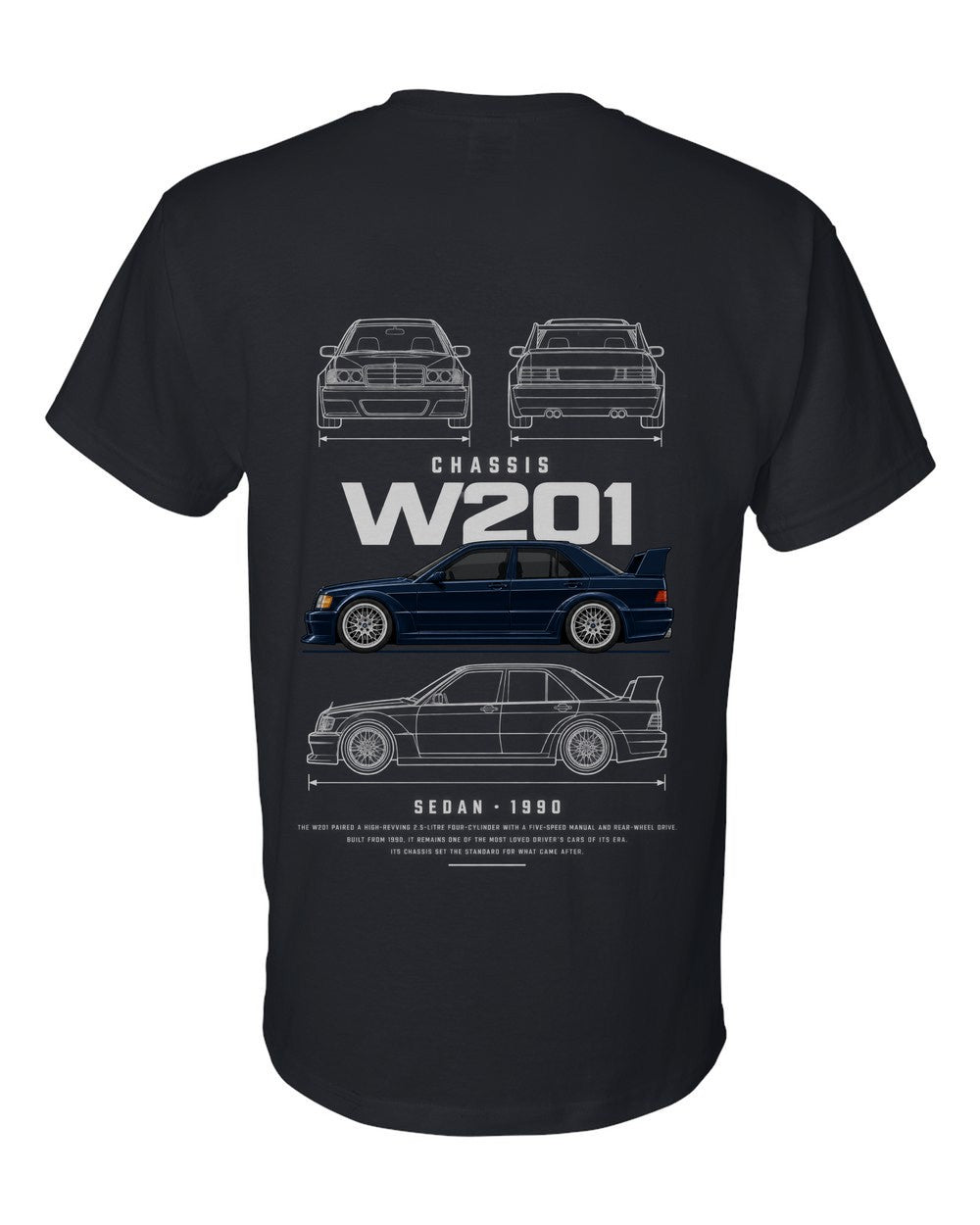 W201 full-back artwork black t-shirt back view with the design