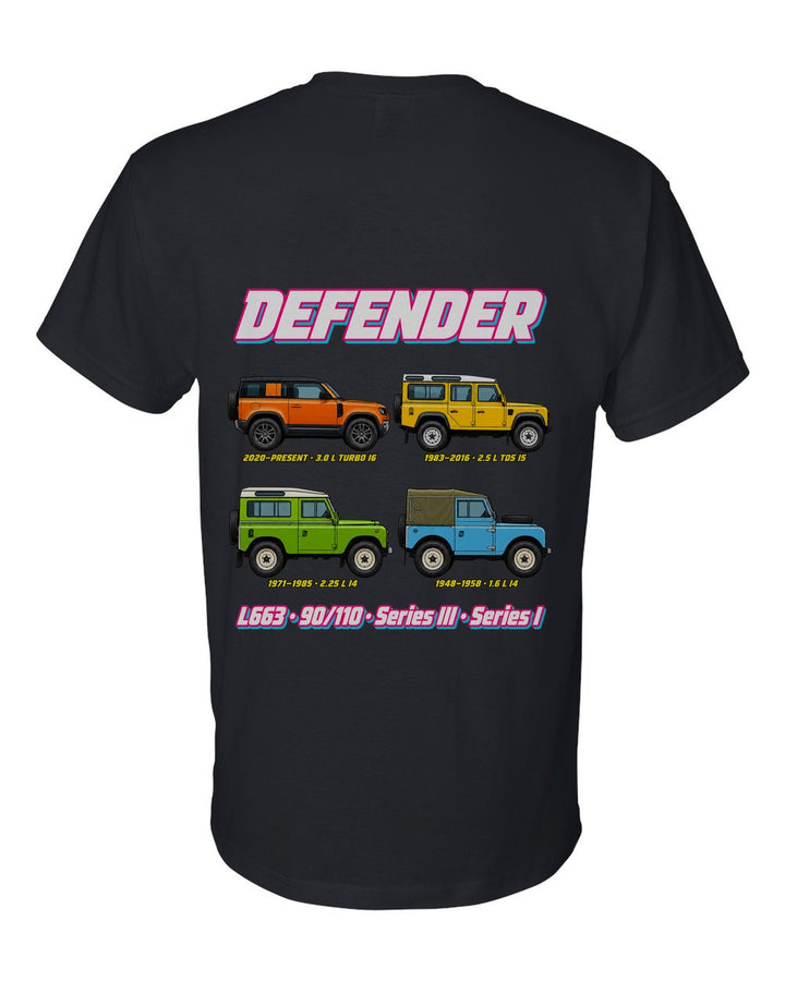 Land Rover Defender evolution poster black t-shirt back view with the design
