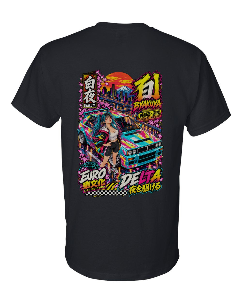 BYAKUYA DELTA full-back artwork black t-shirt back view with the design