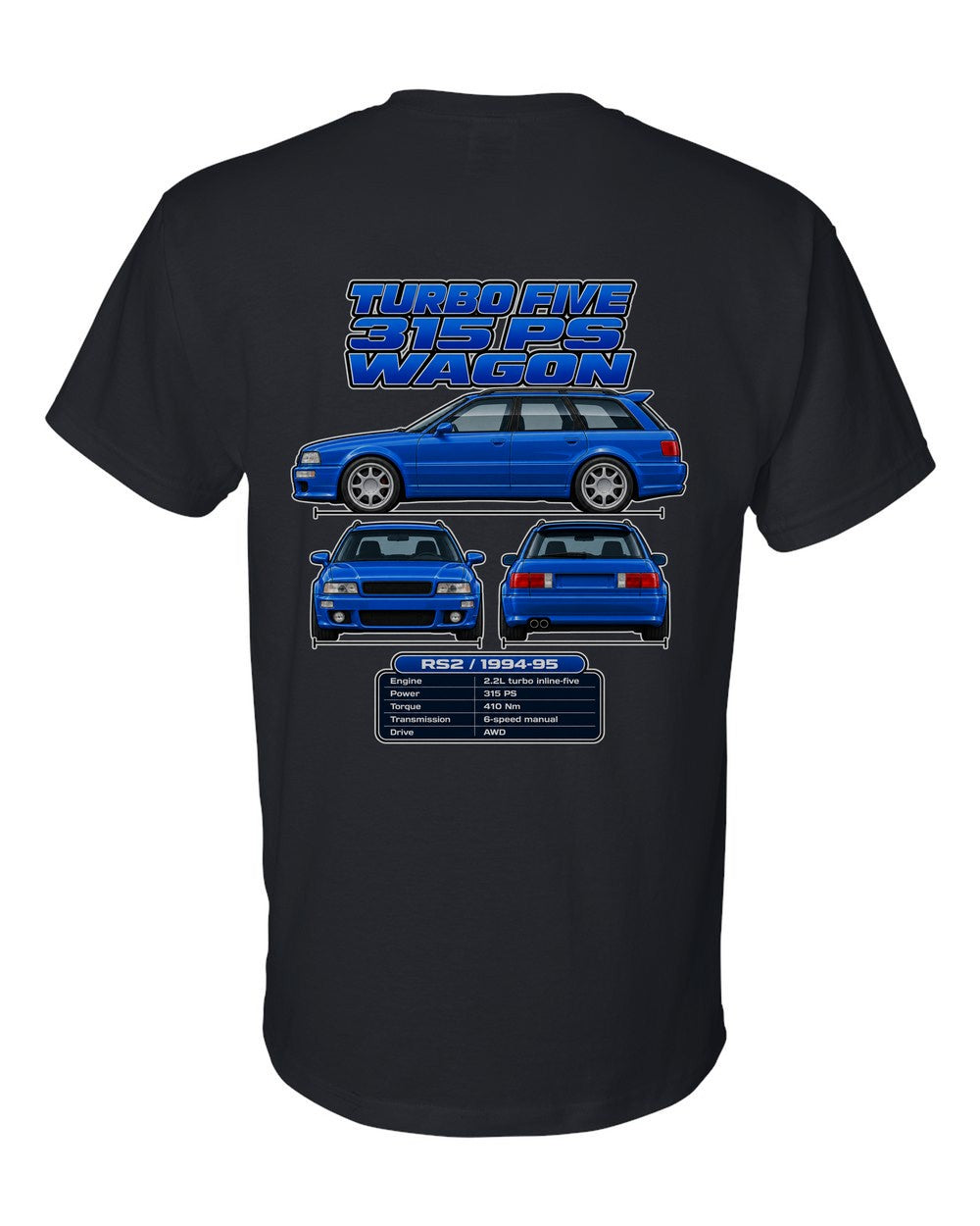 Audi Rs2 Avant spec sheet black t-shirt back view with the design