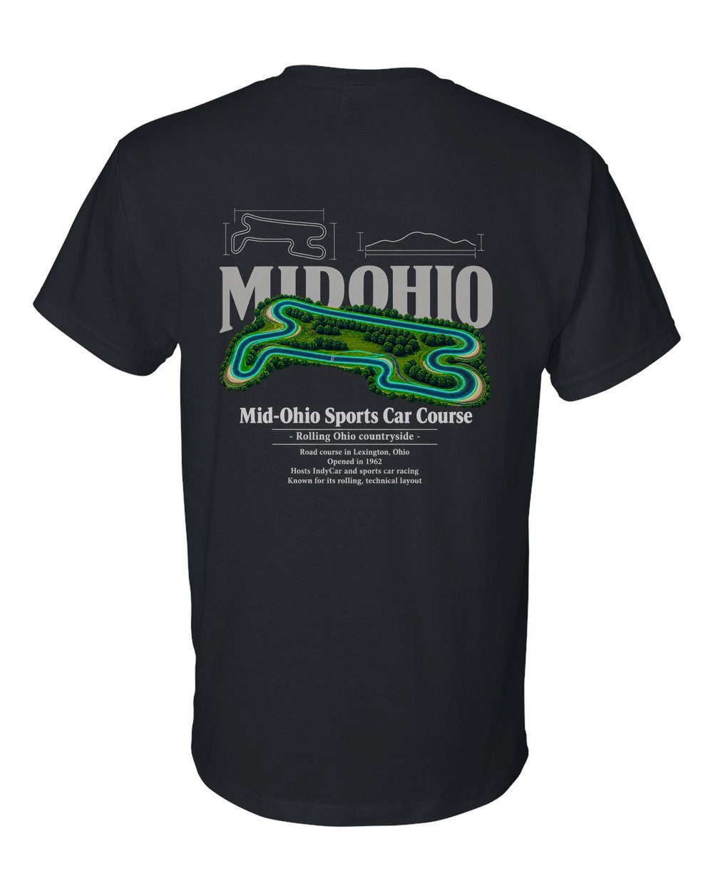 Mid-Ohio Sports Car Course black t-shirt back view with the design