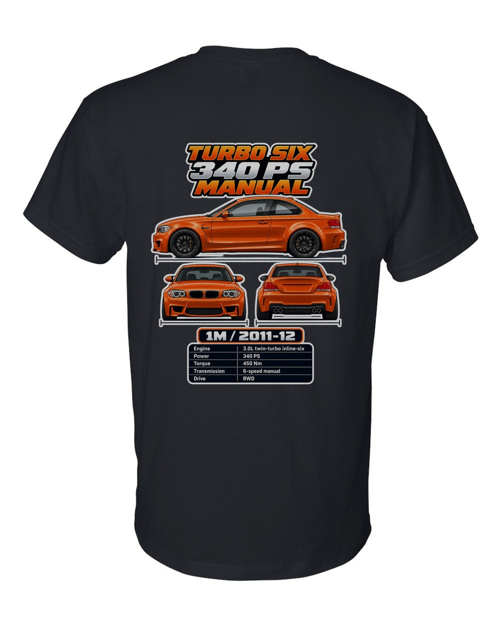 BMW 1 Series M Coupe spec sheet black t-shirt back view with the design