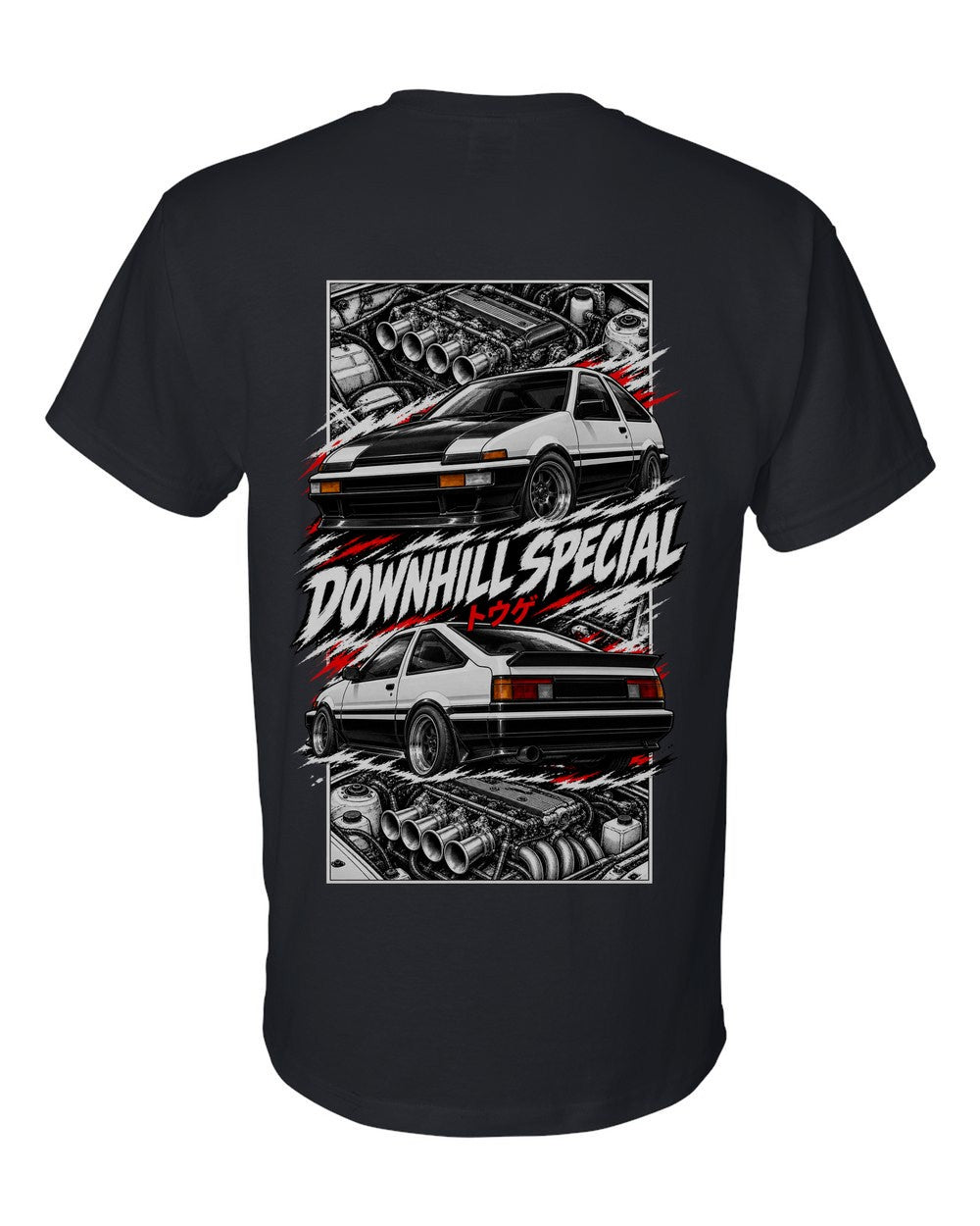 Toyota Ae86 torn poster black t-shirt back view with the design