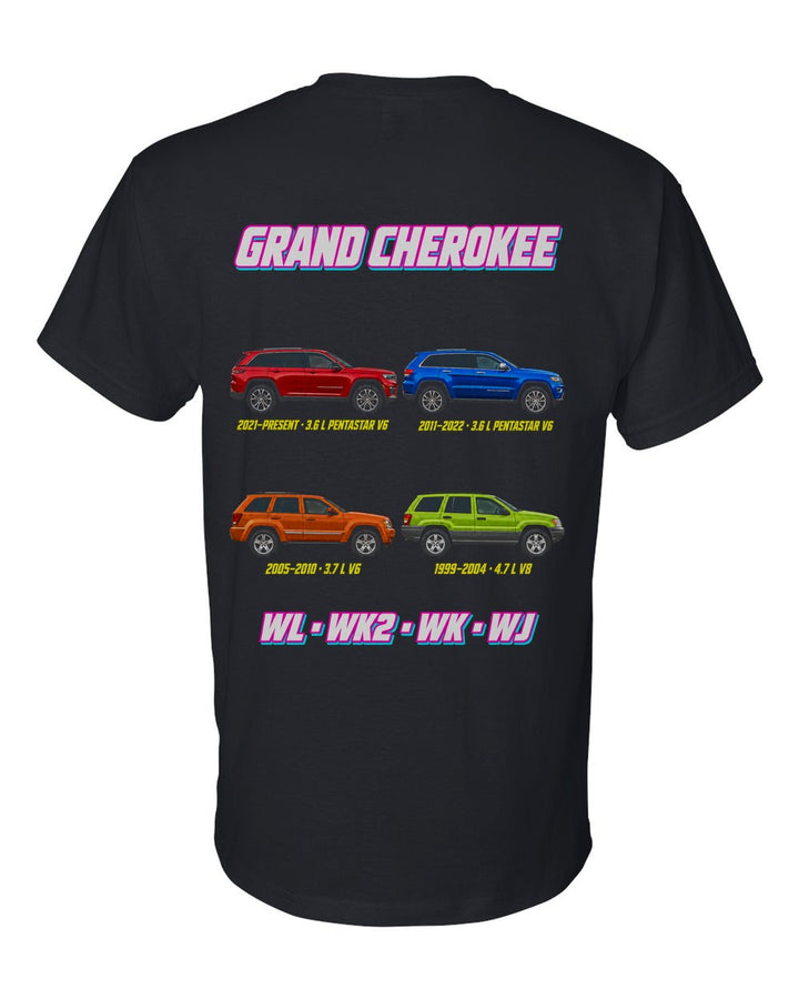 Jeep Grand Cherokee evolution poster black t-shirt back view with the design