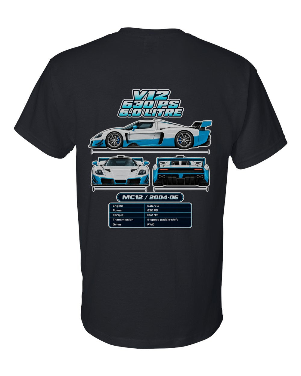 Maserati Mc12 spec sheet black t-shirt back view with the design
