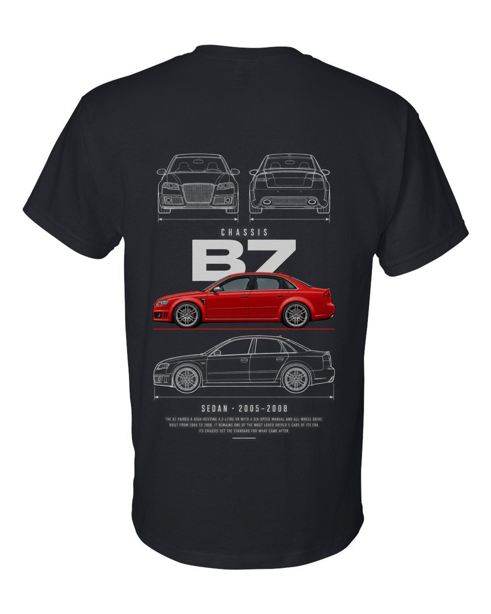 B7 full-back artwork black t-shirt back view with the design