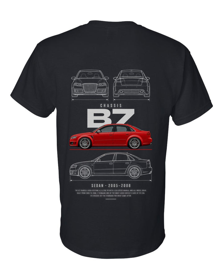 B7 full-back artwork black t-shirt back view with the design